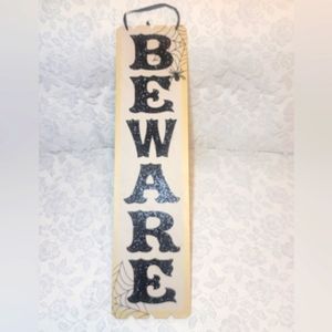 Black Glittered Halloween Outdoor Sign BEWARE Hanging Decor